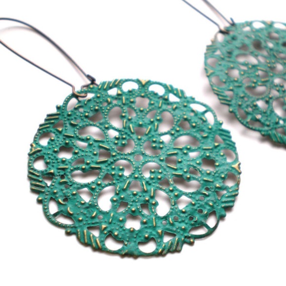 Teal Green Filigree Hand Painted Earrings - Picture 1 of 3